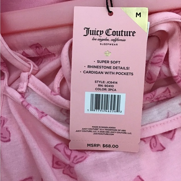 NWT Juicy Couture Pink Bow Print 3 Pajama Set Cardigan Rhinestone JC logo Size M - Picture 5 of 5
